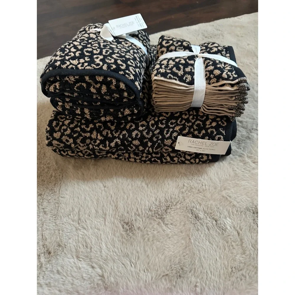 Rachel Zoe Leopard Print Towel Set 100% Cotton Black Tan Animal Print 8 Piece